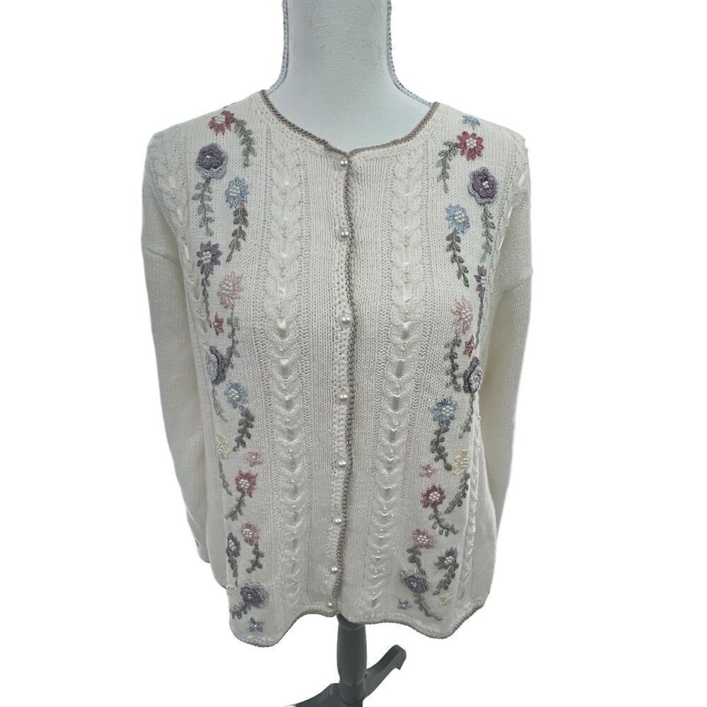 Jenny Vintage floral button down Sweater  with pearl buttons cotton / Ramie (gra